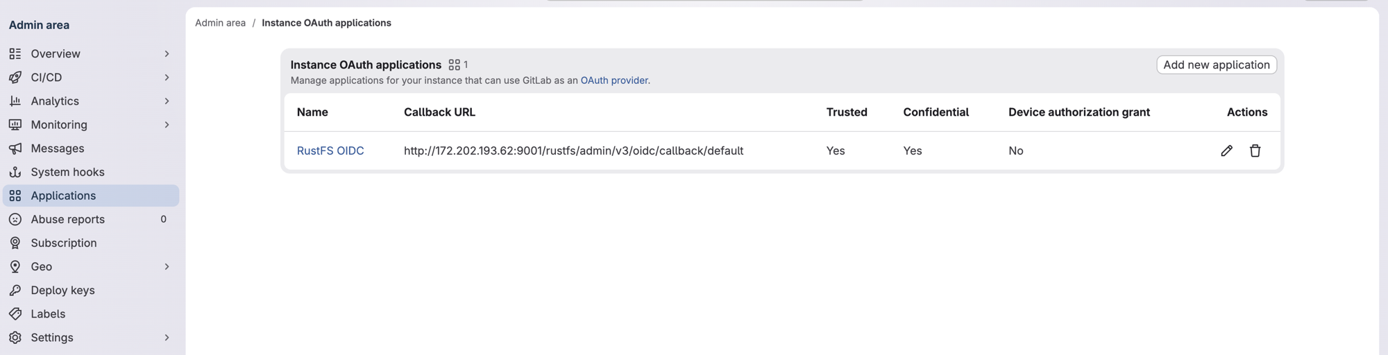 GitLab Admin area 中显示为 trusted 和 confidential 的 RustFS OIDC instance OAuth 应用