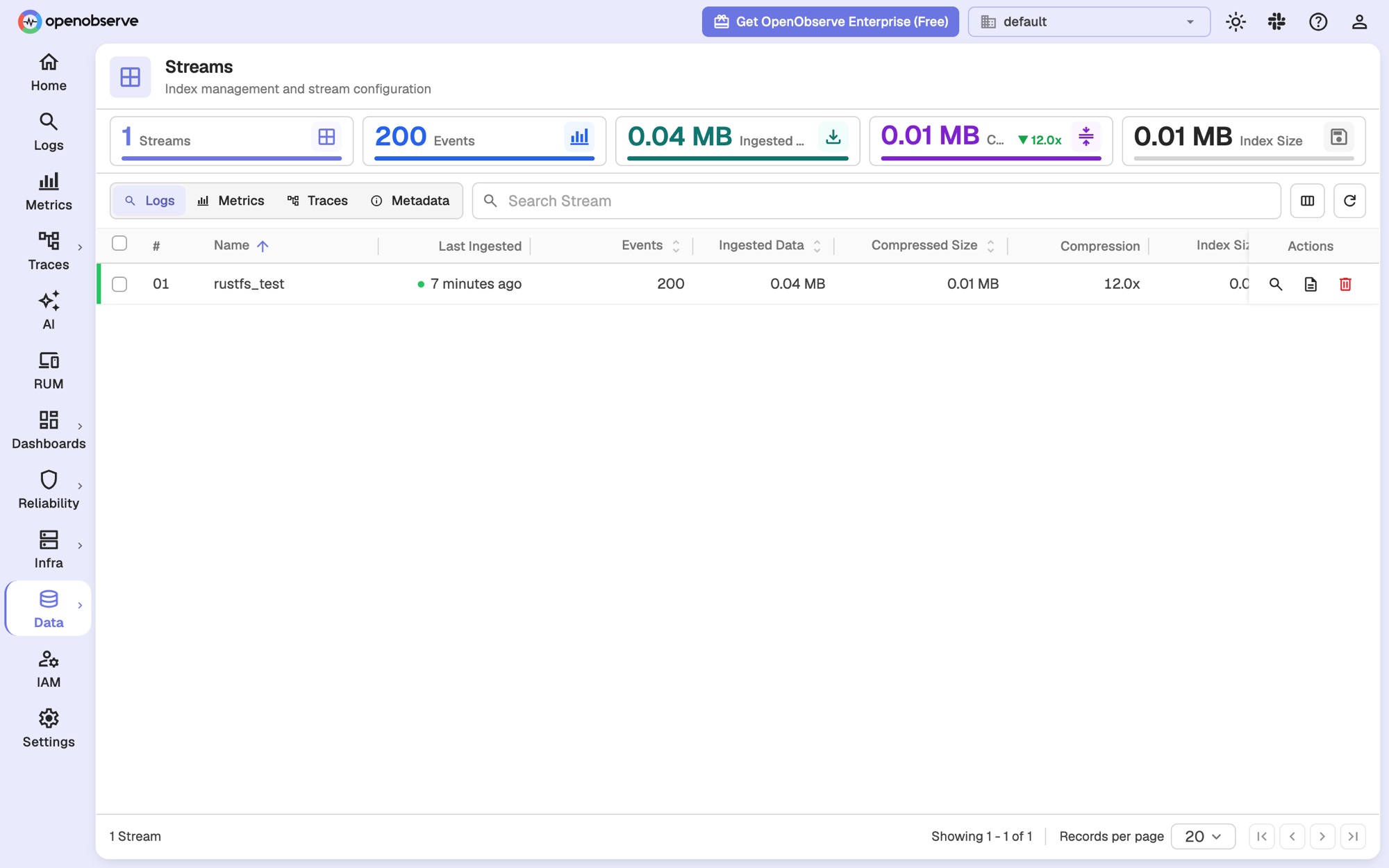 rustfs_test ストリームの OpenObserve ストリーム統計