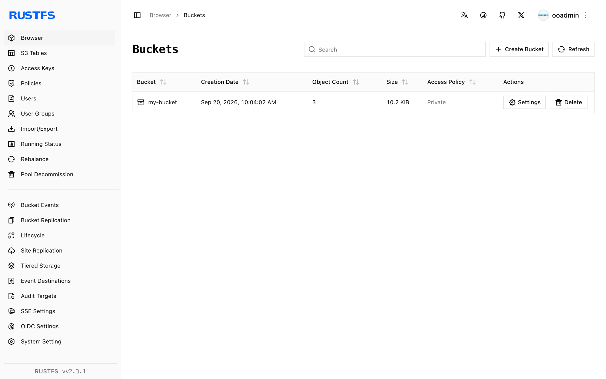 RustFS コンソールの my-bucket バケット