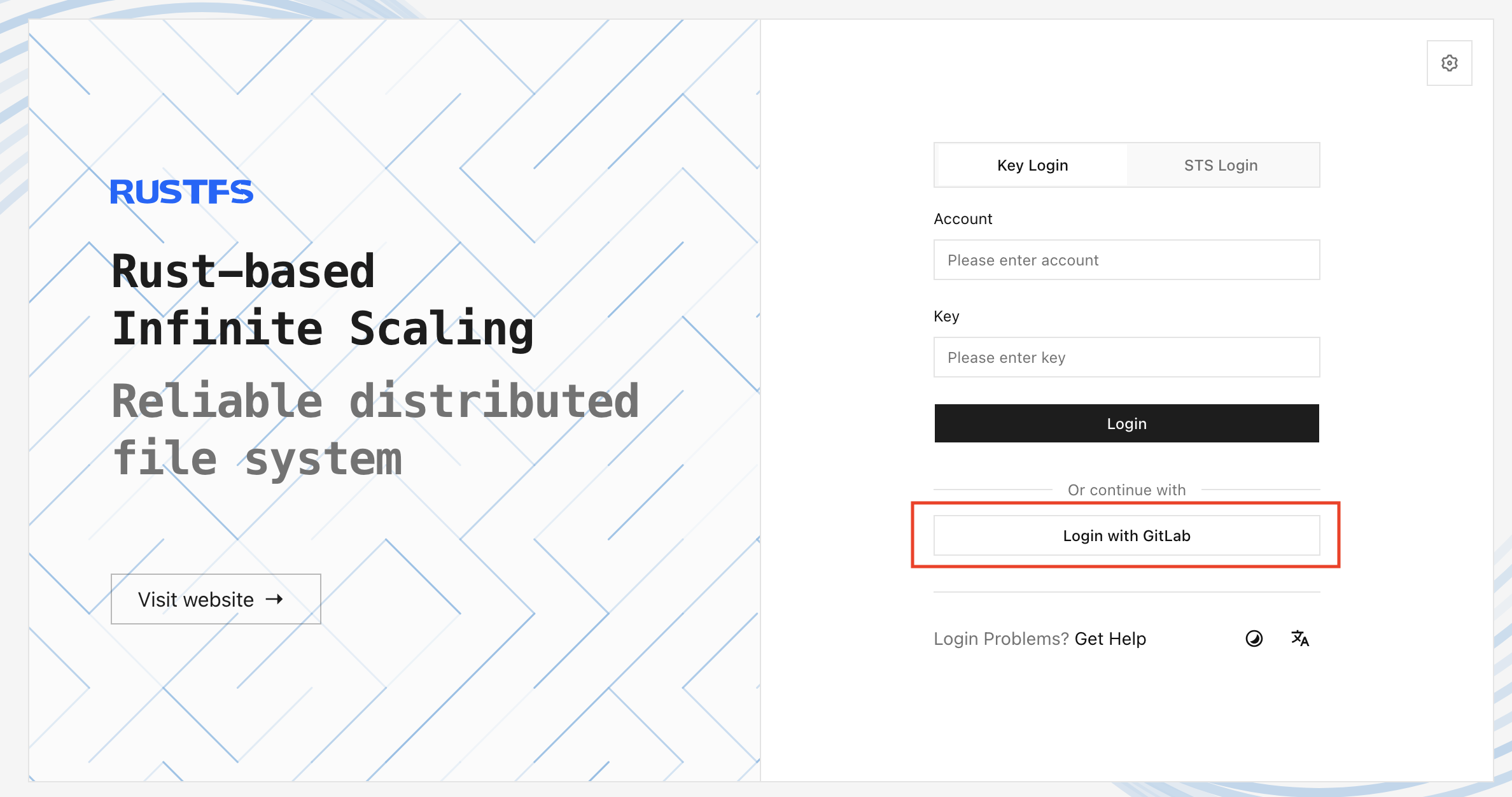 RustFS 控制台登录页面中的 Login with GitLab 选项