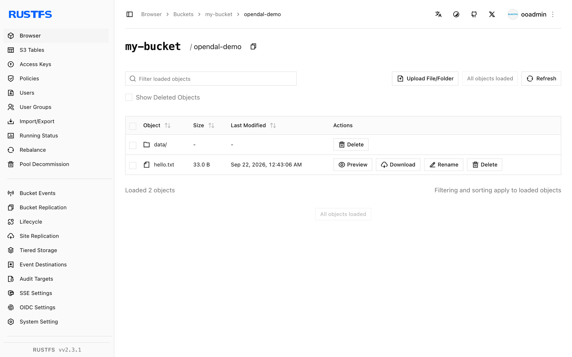 OpenDAL objects stored in the RustFS Console