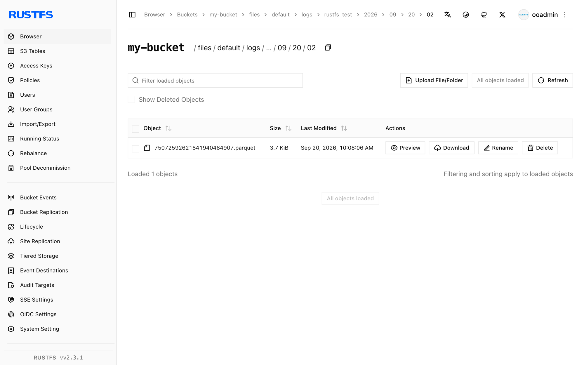 RustFS コンソールで OpenObserve が書き込んだ Parquet データファイル