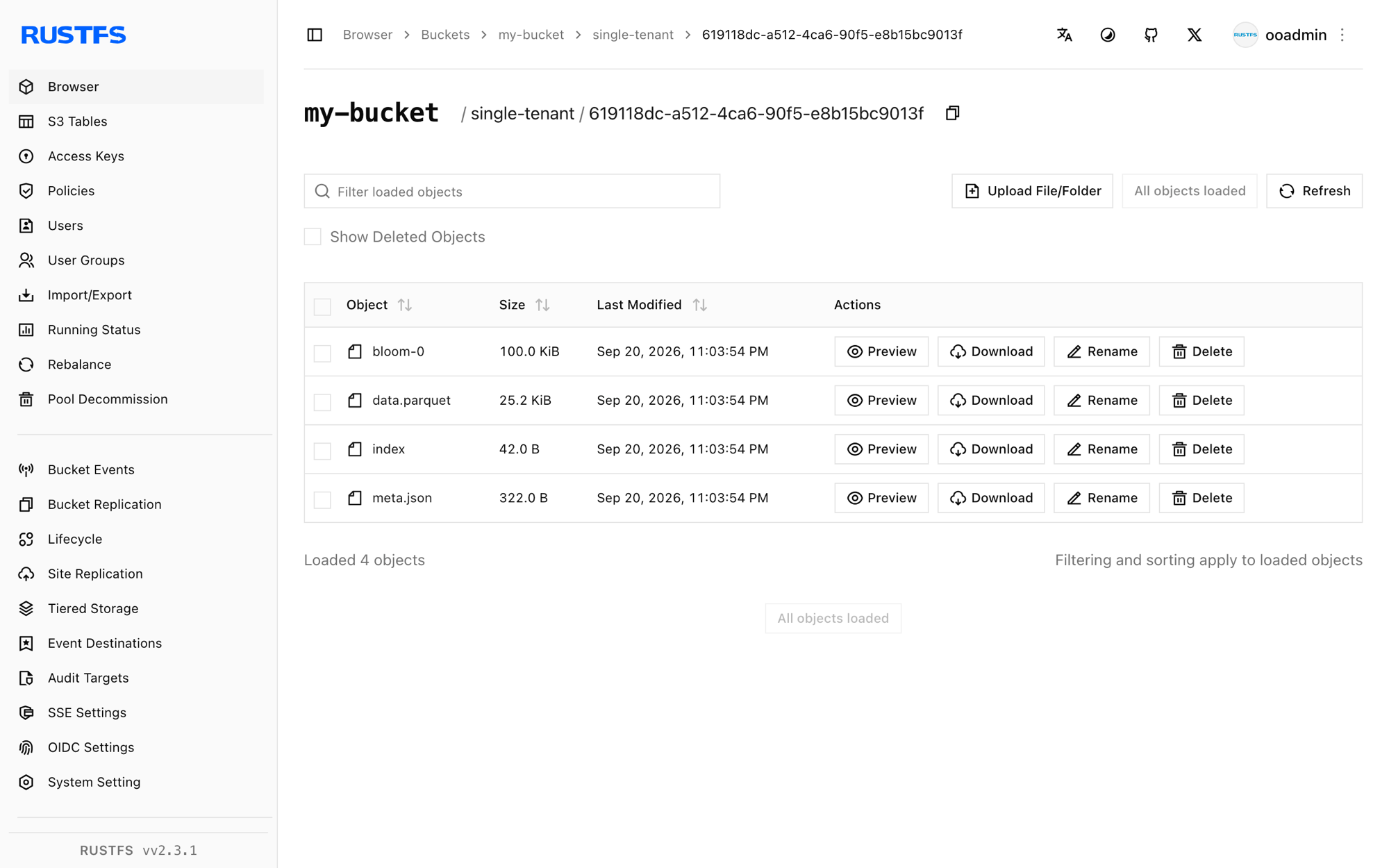 Le bloc de trace Tempo stocké dans la console RustFS